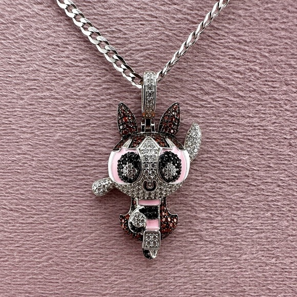 Iced Out 925 Solid Sterling Silver 3D PowerPuff Girls Necklace - Picture 4 of 11